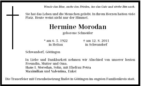 Schneider Hermine 1922-2011 Todesanzeige